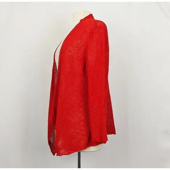 Eileen Fisher Cardigan Sweater Red Linen Blend Open Front Misses Size L - Picture 3 of 7